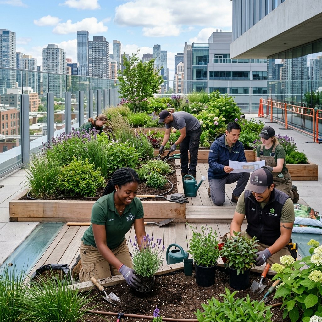 TopGarden team working on a rooftop garden installation