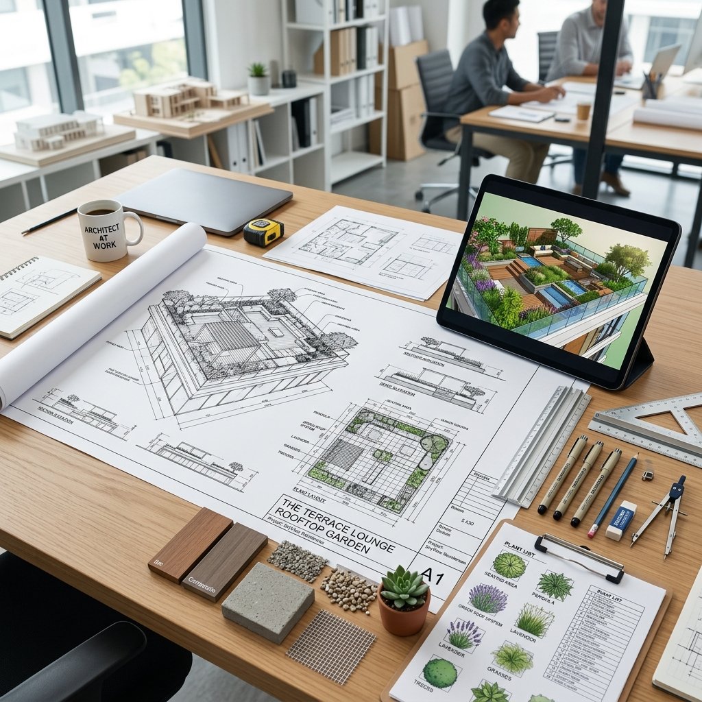 Roof garden design blueprint and 3D plans